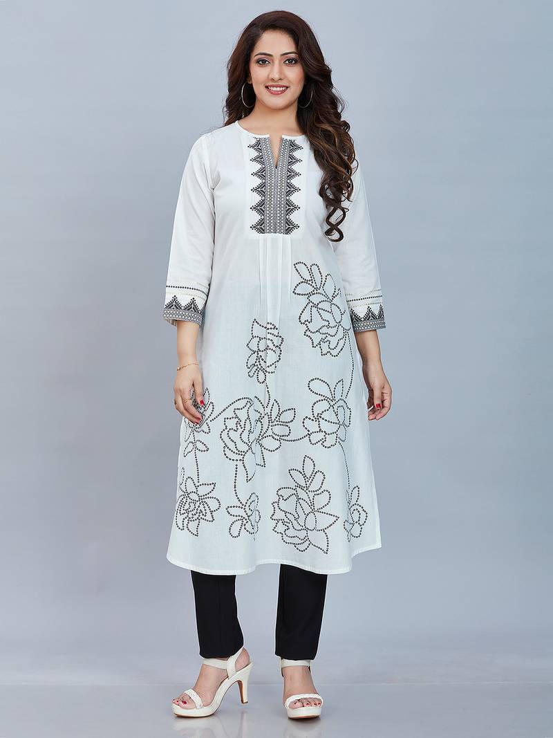  white pure cotton three quarter sleeves long kurta