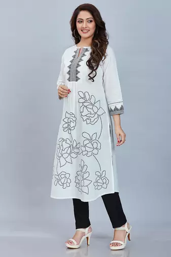  white pure cotton three quarter sleeves long kurta