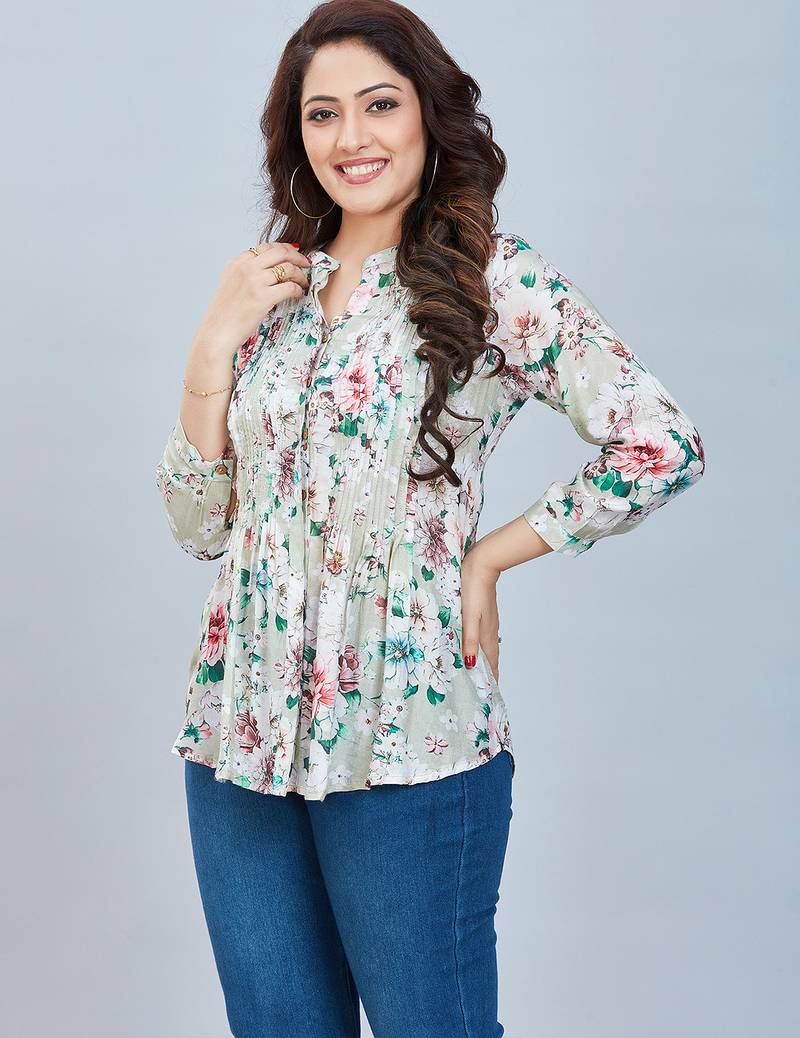  sea green viscose three quarter sleeves short kurti