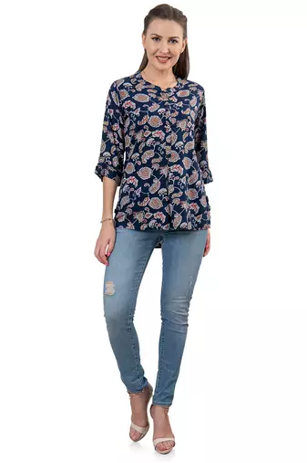  navy blue viscose three quarter sleeves short kurti