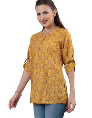  mustard viscose three quarter sleeves short kurti 1