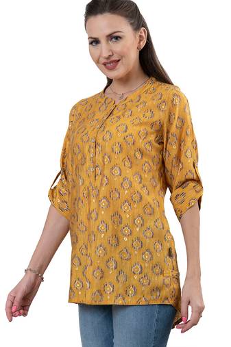  mustard viscose three quarter sleeves short kurti