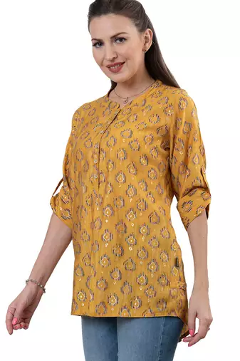  mustard viscose three quarter sleeves short kurti