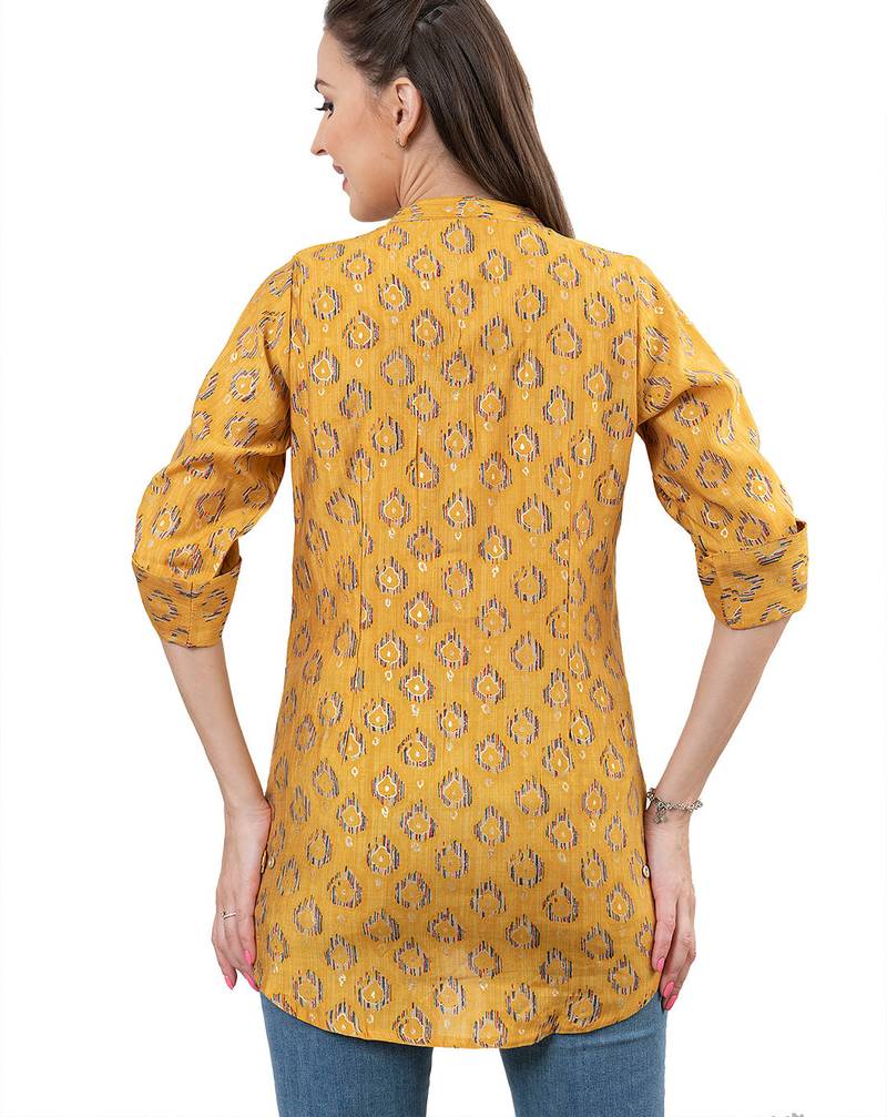  mustard viscose three quarter sleeves short kurti