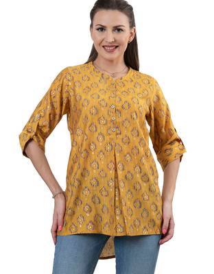  mustard viscose three quarter sleeves short kurti 3