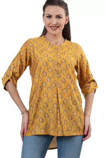  mustard viscose three quarter sleeves short kurti