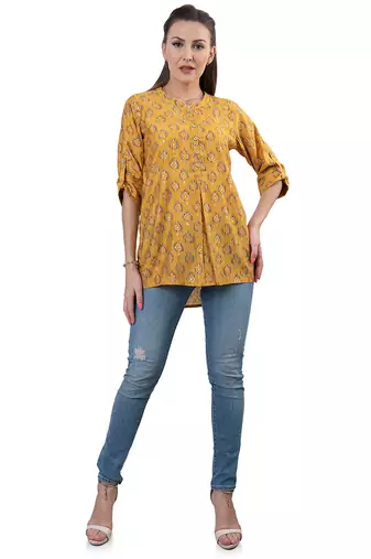  mustard viscose three quarter sleeves short kurti