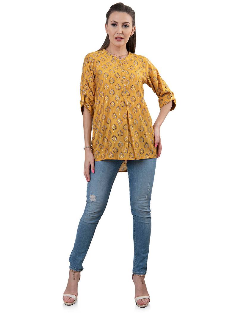  mustard viscose three quarter sleeves short kurti