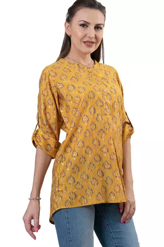  mustard viscose three quarter sleeves short kurti