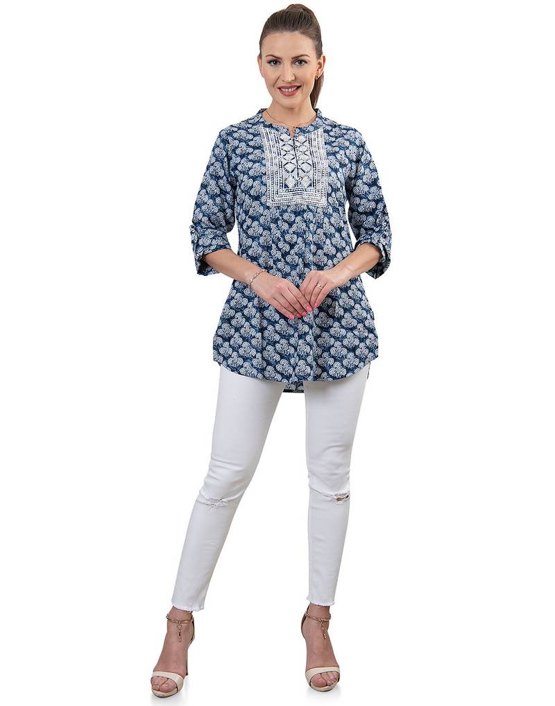  blue viscose three quarter sleeves short kurti
