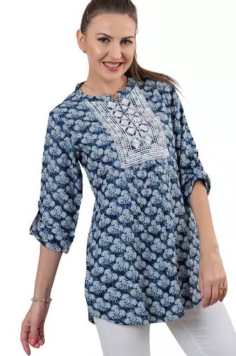  blue viscose three quarter sleeves short kurti