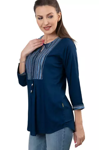  navy blue viscose three quarter sleeves short kurti