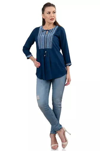  navy blue viscose three quarter sleeves short kurti