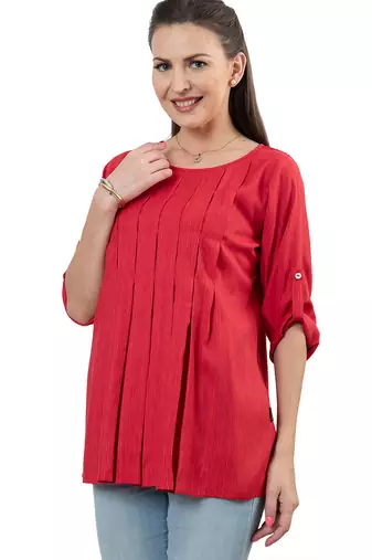 red polyester three quarter sleeves short kurti