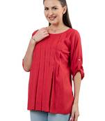  red polyester three quarter sleeves short kurti