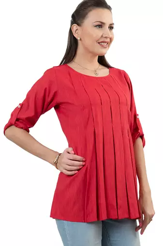  red polyester three quarter sleeves short kurti