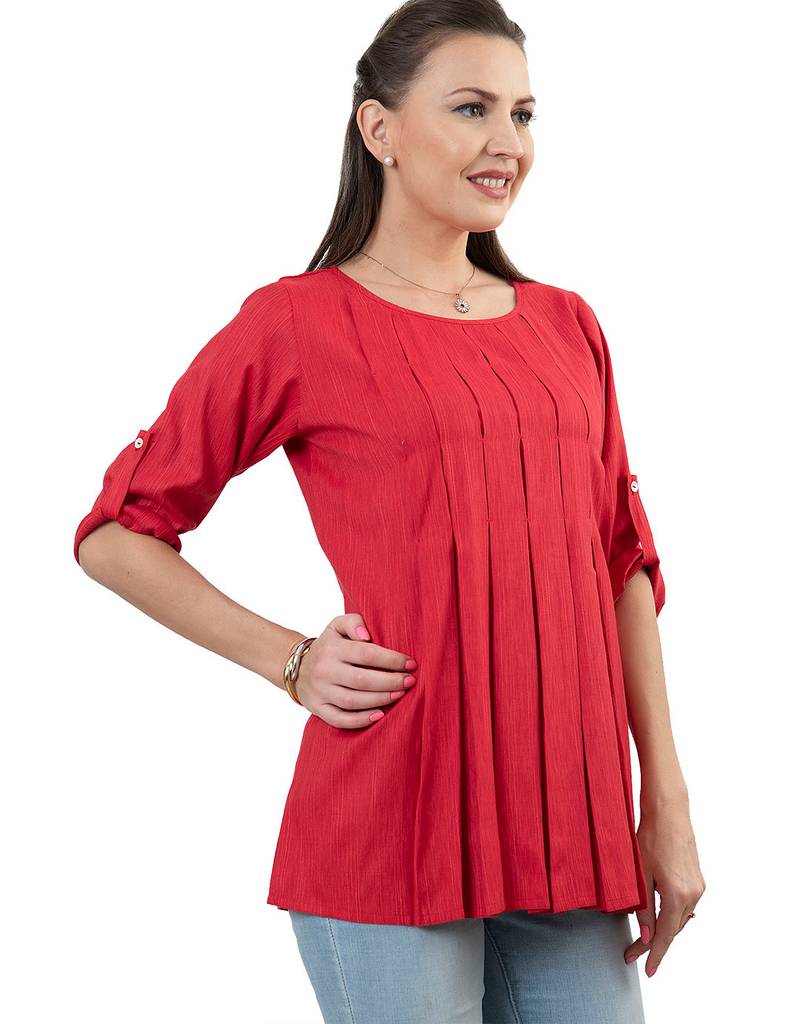  red polyester three quarter sleeves short kurti