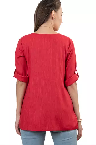  red polyester three quarter sleeves short kurti