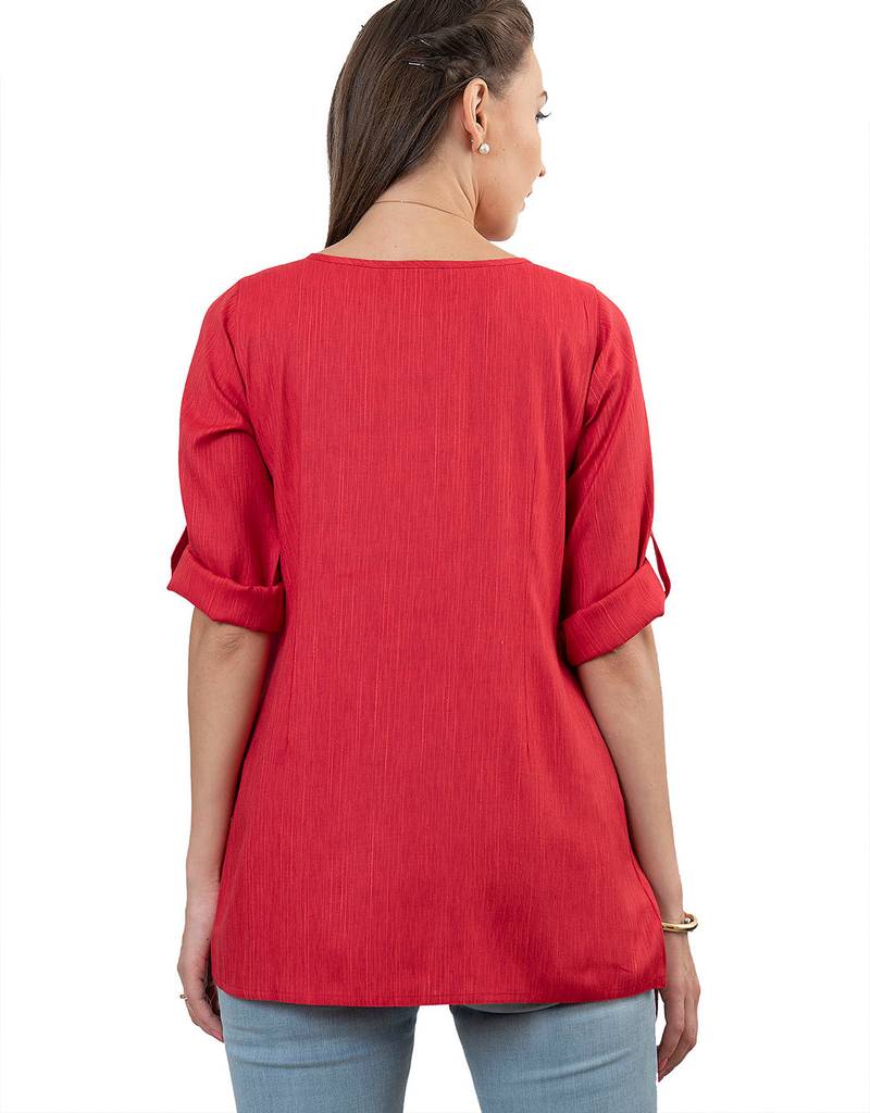  red polyester three quarter sleeves short kurti