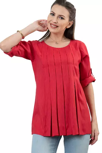  red polyester three quarter sleeves short kurti