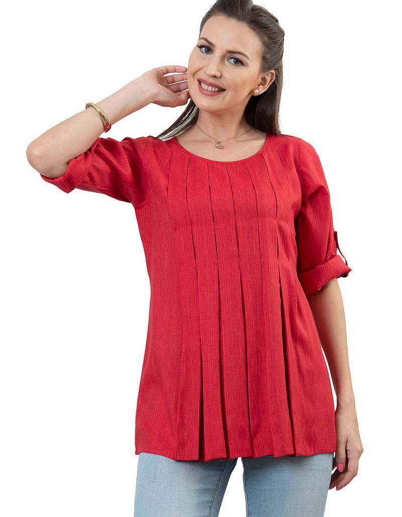  red polyester three quarter sleeves short kurti