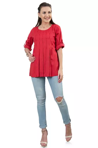  red polyester three quarter sleeves short kurti