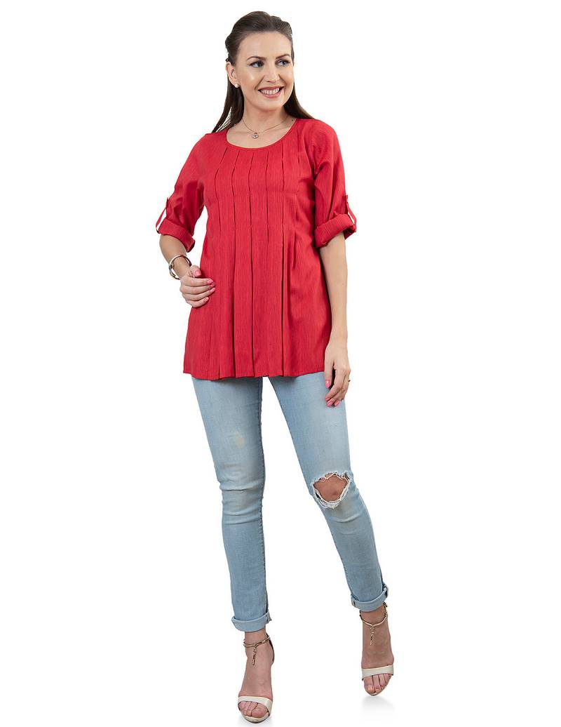  red polyester three quarter sleeves short kurti