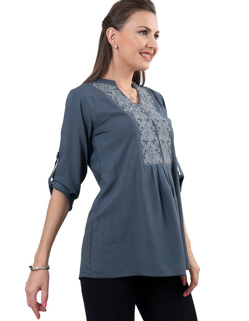  grey viscose three quarter sleeves short kurti