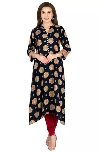  navy blue viscose three quarter sleeves long kurta