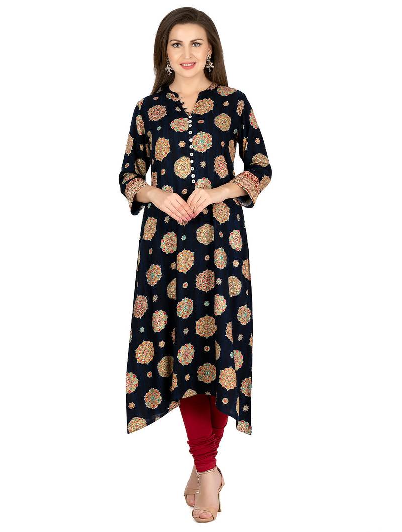  navy blue viscose three quarter sleeves long kurta