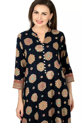  navy blue viscose three quarter sleeves long kurta