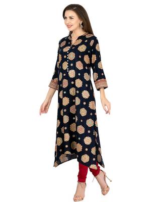  navy blue viscose three quarter sleeves long kurta 4