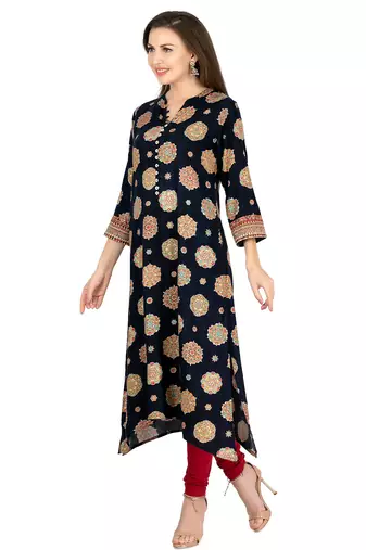  navy blue viscose three quarter sleeves long kurta