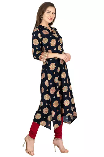  navy blue viscose three quarter sleeves long kurta