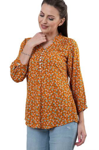  mustard viscose rayon three quarter sleeves short kurti