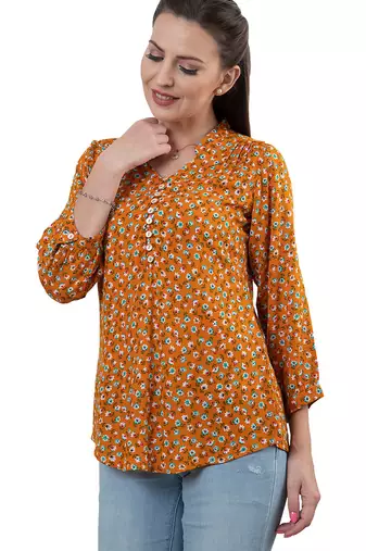  mustard viscose rayon three quarter sleeves short kurti