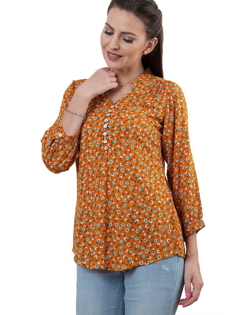  mustard viscose rayon three quarter sleeves short kurti