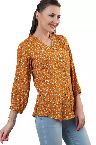  mustard viscose rayon three quarter sleeves short kurti
