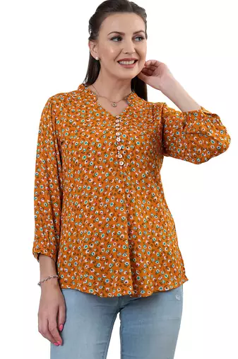  mustard viscose rayon three quarter sleeves short kurti