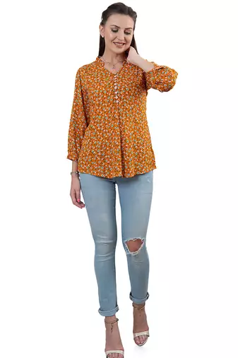  mustard viscose rayon three quarter sleeves short kurti