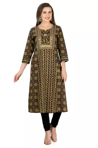  black cotton three quarter sleeves long kurta