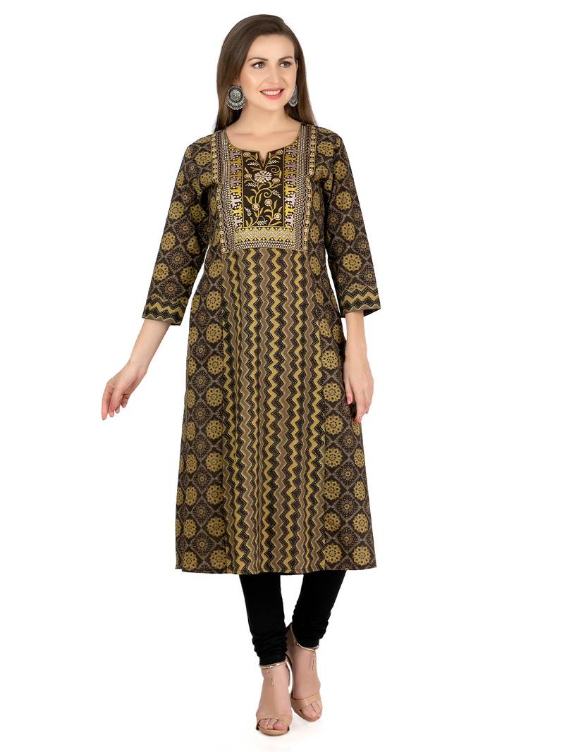  black cotton three quarter sleeves long kurta