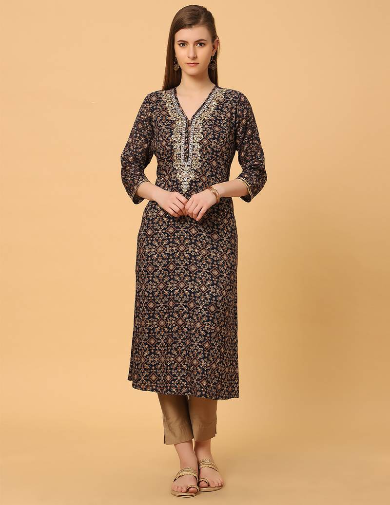  black viscose three quarter sleeves long kurta