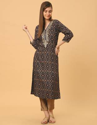  black viscose three quarter sleeves long kurta 2