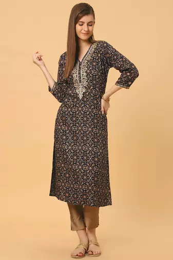  black viscose three quarter sleeves long kurta