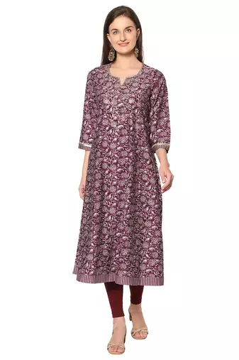  maroon viscose three quarter sleeves long kurta