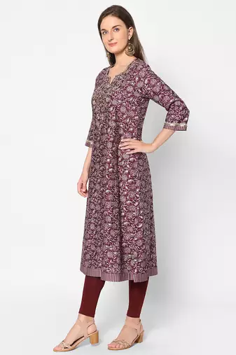  maroon viscose three quarter sleeves long kurta