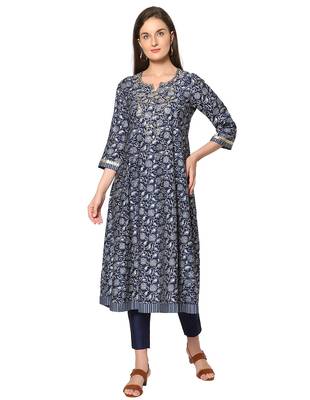  navy blue viscose three quarter sleeves long kurta 1