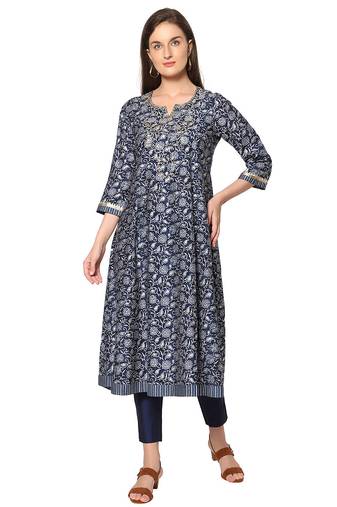  navy blue viscose three quarter sleeves long kurta