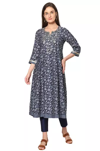  navy blue viscose three quarter sleeves long kurta